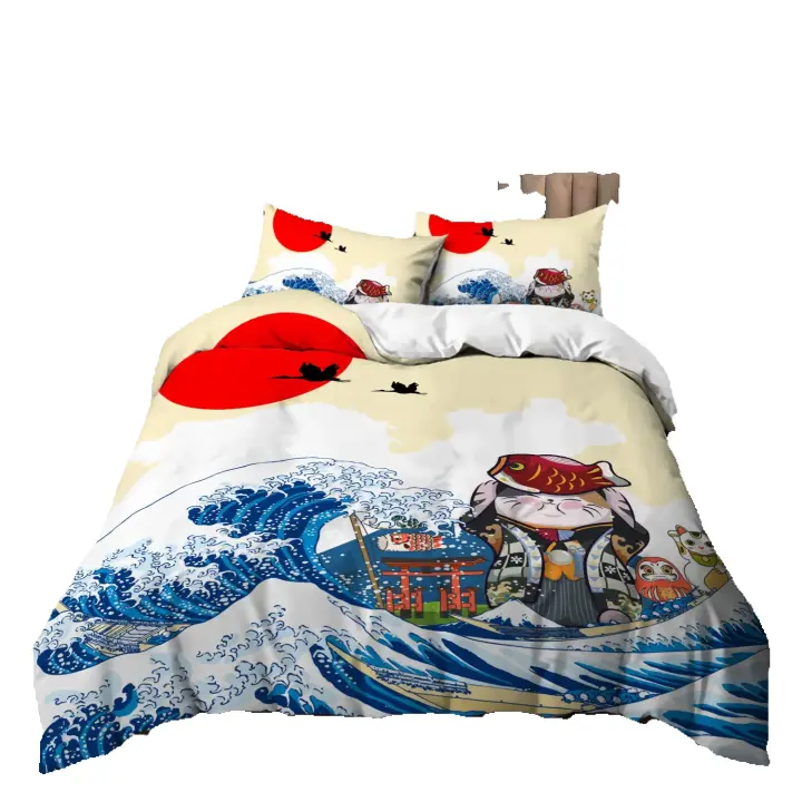 Juego de Cubierta de Cojín de Estilo Japonés 2/3pcs de Poliéster con Diseño de Cerezo y Garza - 1