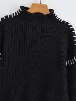 Women Casual Half High Collar Long Sleeve Knitted Pullovers Autumn Winter Patchwork Sweaters Black Loose Jumper - details 1
