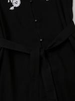 Vintage Women Front Button With Belt Floral Embroidery Short Dress Long Sleeve V Neck Autumn Casual Dress Black - details 5
