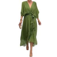 Vestido de mujer Vestido midi plisado con cuello en V elegante - details 2