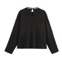 2025 Women Faux Jewel Collar Knitted Sweater Long Sleeve Round Neck Black Crop Pullover Streetwear Knitwear - details 1