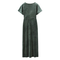 Autumn Women Mid-Green Velvet Midi Dress Short Sleeve V Neck Fitted Waist  Slim A-line Dresses Female Casual  Vestidos - details 1