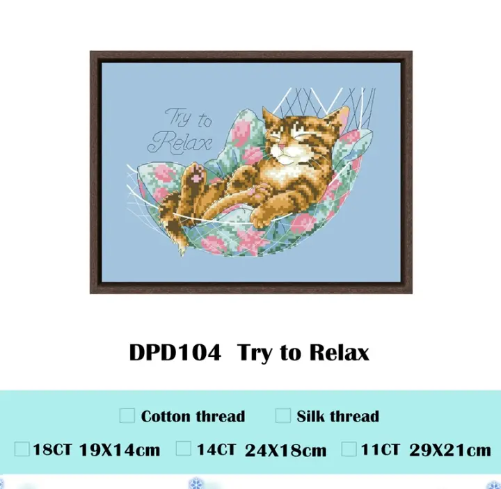 Paquete de punto de cruz para relajarse, lienzo skyblue, hilo de algodón, bordado, costura hecha a mano, animal, gato, dormir, 18CT, 14ct, 11CT - 1