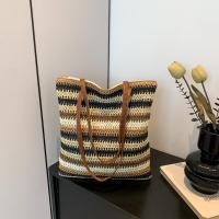 Bolso de hombro a rayas para mujer, bolsa de paja tejida a mano, portátil, de gran capacidad, informal - details 1