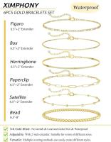 Pulseras de oro para mujer, conjunto de joyería chapada en oro de 14 quilates resistente al agua para mujer, cadena de clip de eslabón cubano apilable fina y moderna - details 1