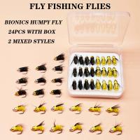 24 unids/caja moscas húmedas señuelo de la pesca con mosca lubina/trucha/salmón Ninfa Bionics Humpy moscas Ninfas cebo Artificial - details 0