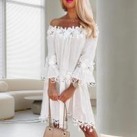 Vestido de Verano 2023 con Aplicación de Flor Hueca Hombros Descubiertos, Manga de Trompeta, Vestido Midi para Mujeres - details 6