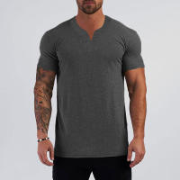 Summer Men's V-Neck Cotton Slim Fitting Short Sleeve Fitness Soft and Breathable T-shirt Solid Colors Available - details 6
