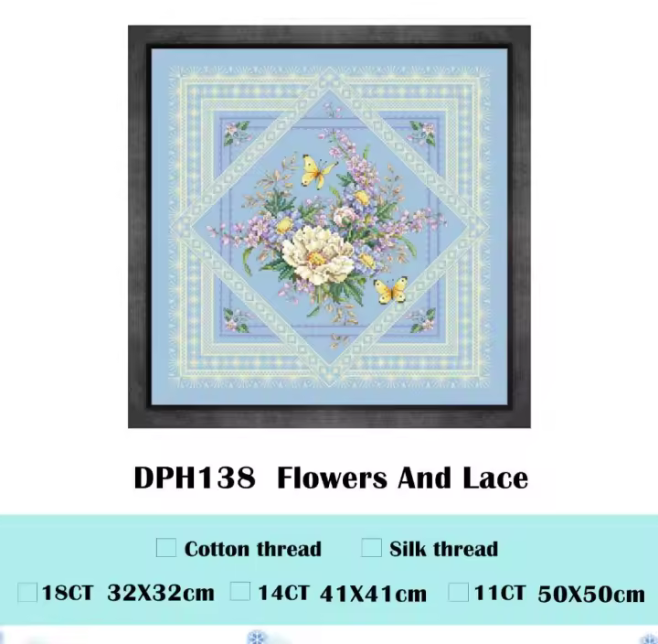 Kit de punto de cruz de flores y encaje, skyblue tela de algodón, bordado, bricolaje, pared hecha a mano, imagen grande, 14ct, 11ct - 1