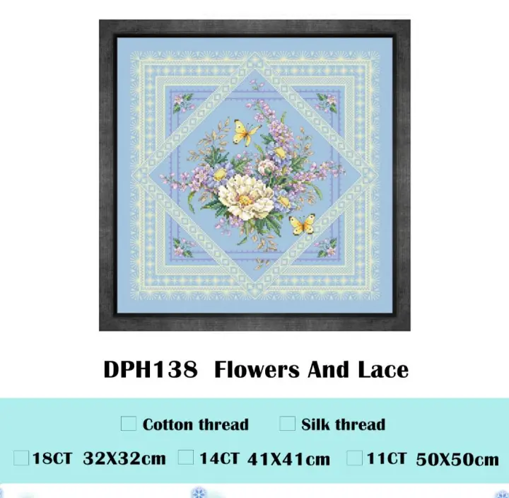 Kit de punto de cruz de flores y encaje, skyblue tela de algodón, bordado, bricolaje, pared hecha a mano, imagen grande, 14ct, 11ct - 1