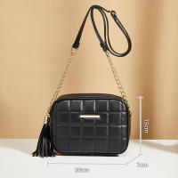 Bolso de hombro de cuero PU para mujer, con borla bandolera acolchada, a cuadros, color negro - details 6