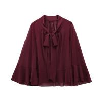 Primavera 2025, blusa estilo capa con volantes color Burdeos para Mujer, camisa holgada con dobladillo asimétrico y lazo en la espalda, Blusas de calle para Mujer - details 1