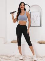 Leggings de ejercicio para mujer con empalme de malla y bolsillos Capri Tummy Tuck de cintura alta para yoga - details 2