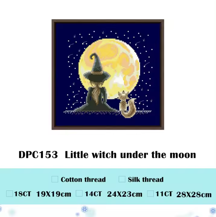 Kit de punto de cruz de bruja pequeña bajo la luna, diseño de hilo de algodón, 14ct 11ct, azul profundo, lienzo bordado, costura artesanal - 1
