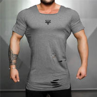 Summer Casual Cotton Breathable Slim T shirt Gym Fitness T-shirt New Fashion Hip Hop Short Sleeves Square Collar Hole Clothing - details 5