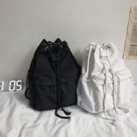 Mochila escolar de gran capacidad con cordón para estudiantes, bolso de lona informal para computadora portátil para mujer, paquete de viaje simple de Color sólido - details 10