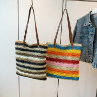 Bolso de hombro a rayas para mujer, bolsa de paja tejida a mano, portátil, de gran capacidad, informal - details 11