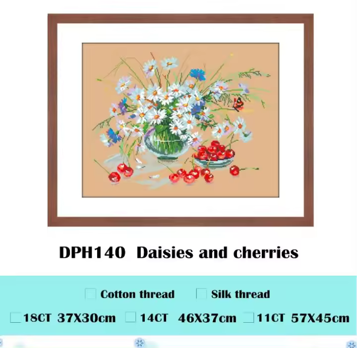 Juegos de punto de cruz de margaritas y cerezas, tela aida, 18CT, 14ct, 11CT, lino, hilo de algodón, kits de bordado, manualidades folclóricas DIY - 1