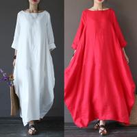 Vestido Maxi de Algodón y Lino Vintage Casual Cuello Redondo Manga Corta - details 3