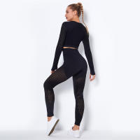 Conjunto de Yoga Sin Costuras Hueco Out para Mujeres Traje Deportivo de 2 Piezas Top Corto Sujetador Leggings Para Gimnasio Fitness Set de Primavera/Verano Hecho en China Material Elástico y Poliéster - details 13