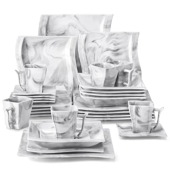 MALACASA-vajilla de porcelana de mármol FLORA 30 piezas, juego de vajilla con 12 platos de cena, platos de postre, platos de sopa, tazas y platillos - 1