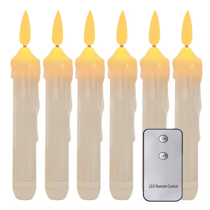 6 velas cónicas LED sin llama con control remoto, candelabros falsos de marfil de 6,1 pulgadas, vela de ventana sin goteo con pilas con llama parpadeante 3D para chimenea Navidad Halloween - 1