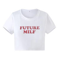 FUTURE MILF Black Baby Crop Tee Aesthetic Top 2000s Inspired Tee Y2K Slogan Graphic Fashion Girls Cotton T-Shirt Gift For Her - details 2