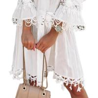 Vestido de Verano 2023 con Aplicación de Flor Hueca Hombros Descubiertos, Manga de Trompeta, Vestido Midi para Mujeres - details 8