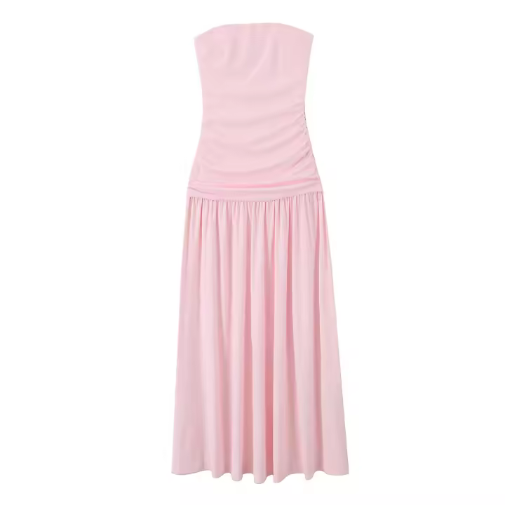 Vestido Sexy elegante rosa Pastel fruncido sin tirantes con hombros descubiertos Vestidos de fiesta con cremallera lateral Vestidos por debajo de la rodilla - 1