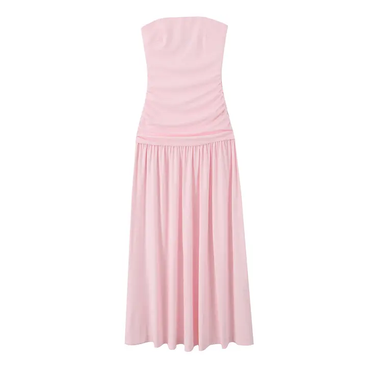 Vestido Sexy elegante rosa Pastel fruncido sin tirantes con hombros descubiertos Vestidos de fiesta con cremallera lateral Vestidos por debajo de la rodilla - 1