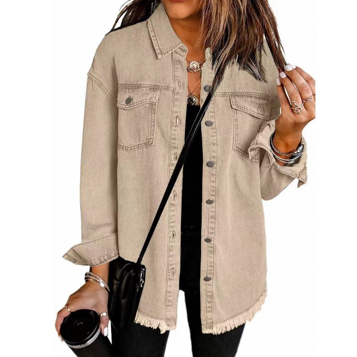 Chaqueta de Denim con Borla de Otoño Abrigo Casual de Manga Larga para Mujer