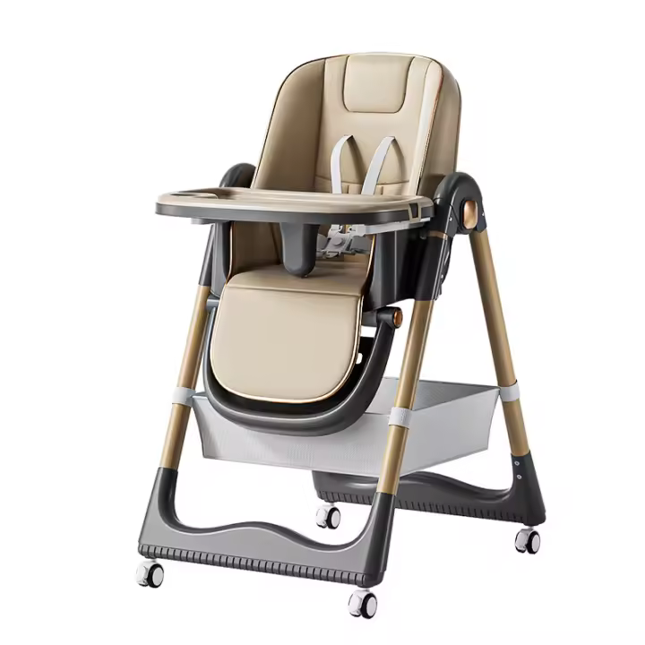 PANGDUBE Silla alta para bebé para alimentar Silla de comedor plegable para bebé Silla reclinable de altura ajustable con ruedas, cesta de almacenamiento, cojín de PU, bandejas dobles - 1