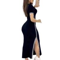 Vestido elegante de verano para mujer, vestido largo ajustado a rayas con cuello redondo y abertura lateral, Color sólido, manga corta - details 9