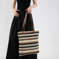 Bolso de hombro a rayas para mujer, bolsa de paja tejida a mano, portátil, de gran capacidad, informal - details 7