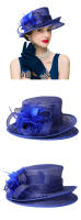 Sombreros de Sinamay azul marino de verano, sombrero Formal plano para iglesia para mujer, gorros de novia para boda con plumas, tocados de lujo - details 3