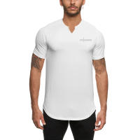 Gym Fitness Bodybuilding Tops Men Casual Fashion Solid Print Short V-neck Sleeve T-Shirt Summer Breathbale Quick Dry Slim Shirt - details 8