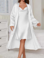 Conjunto de 2 Piezas de Seda 100% Vestido Largo con Cinturón y Abalorio Ropa Casual para Mujeres - details 5
