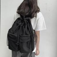Mochila escolar de gran capacidad con cordón para estudiantes, bolso de lona informal para computadora portátil para mujer, paquete de viaje simple de Color sólido - details 8