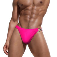 Jessborn pantalones cortos de natación de media cadera para hombre, bañador sexy de un solo lado con botón de metal, color sólido, Playa - details 11