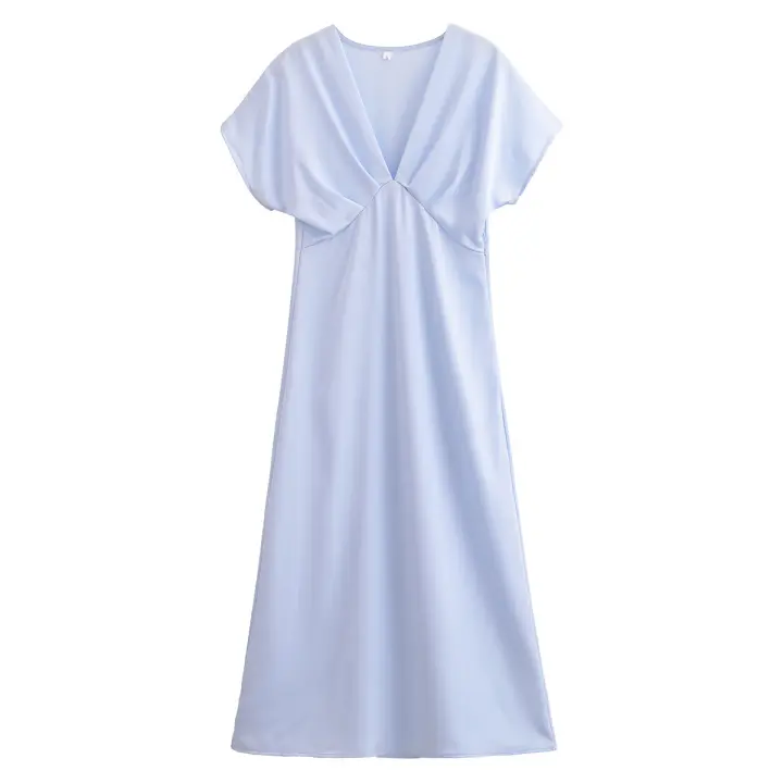 2025 mujeres ajustadas cintura A-line Midi vestido de satén de manga corta con cuello en V Slim elegante Vestidos de verano Vestidos de calle alta - 1