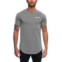Gym Fitness Bodybuilding Tops Men Casual Fashion Solid Print Short V-neck Sleeve T-Shirt Summer Breathbale Quick Dry Slim Shirt - details 4