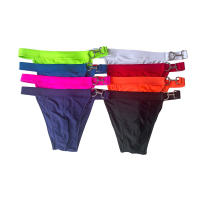 Jessborn pantalones cortos de natación de media cadera para hombre, bañador sexy de un solo lado con botón de metal, color sólido, Playa - details 12