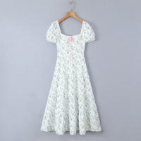 Women French Pastoral Style Floral Print Holiday Long Dress Vintage Puff Sleeve Square Neck A-line Elegant Summer Dresses - details 0
