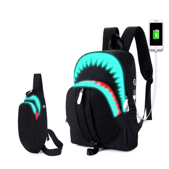Mochila de Moda para Portátil USB con Luminosidad Nocturna en Forma de Tiburón Bolsa de Pecho para Estudiantes Mochila de Viaje para Adolescentes - 1