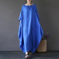 Vestido Maxi de Algodón y Lino Vintage Casual Cuello Redondo Manga Corta - details 11