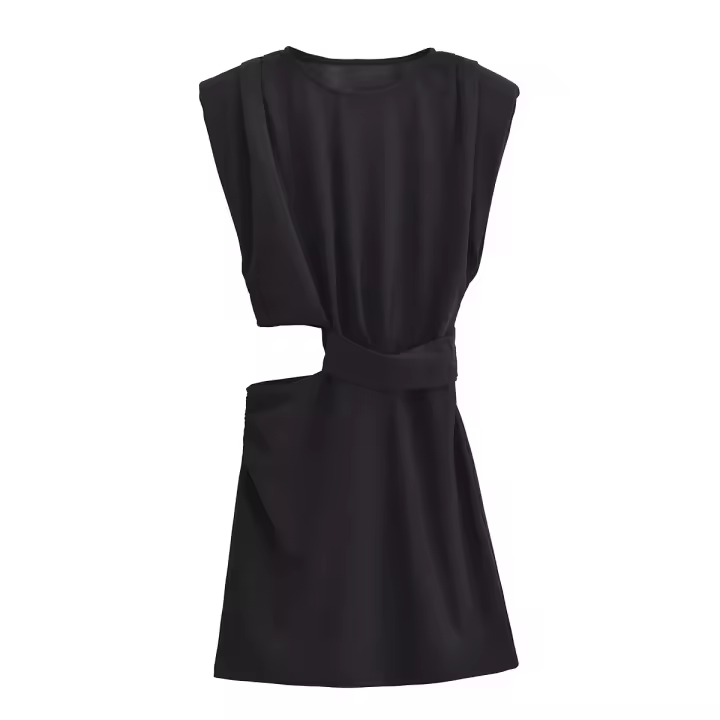 TRAFZA verano Mujer cuello redondo sólido vestido de fiesta en la playa 2025 mujeres moda plisado sin mangas Crop asimetría decorativo Mini vestido - 1