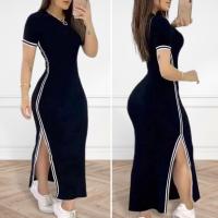 Vestido elegante de verano para mujer, vestido largo ajustado a rayas con cuello redondo y abertura lateral, Color sólido, manga corta - details 1