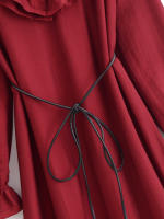 Spring 2025 Women Layered Ruffle V Neck A-line Midi Dress Long Sleeve With Belt Elegant Lady Dresses Burgundy Vestidos - details 6