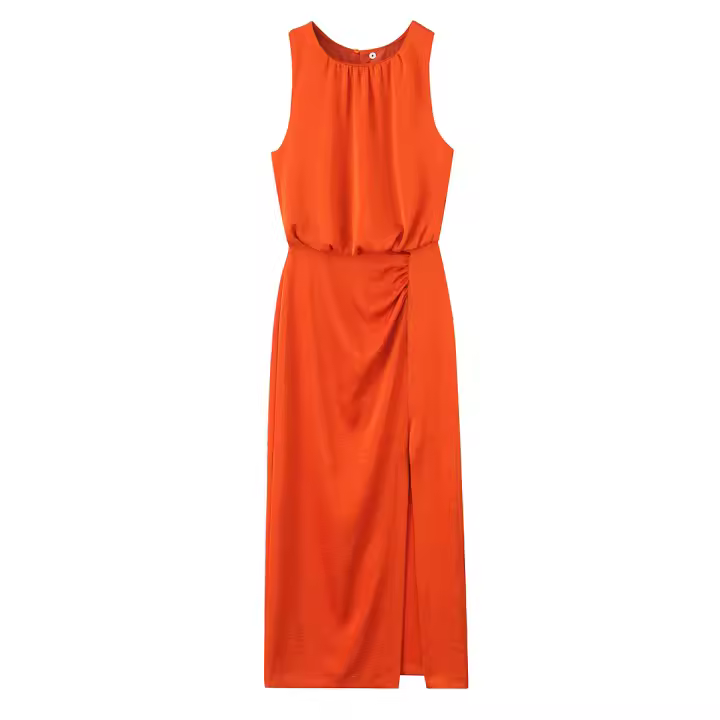 2025 mujeres naranja acanalado satén Midi Vestidos cuello redondo sin mangas frente hendidura dobladillo Sexy Vestidos de verano lápiz - 1