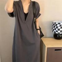 Vestidos con capucha informales negros de gran tamaño con textura a la moda de verano para mujer, ropa de calle, Vestido de playa de manga corta con media cremallera - details 4
